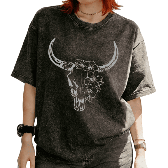 Cozymy Women's Floral Longhorn Skull Western Graphic softness Washed Short Sleeve T-Shirt Versatile All-Occasion Tees Tops