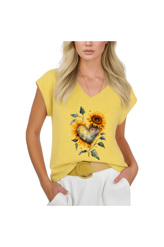 Women's Floral Watercolor Sunflower V-Neck Sleeveless Tank Top Lightweight Casual Tee