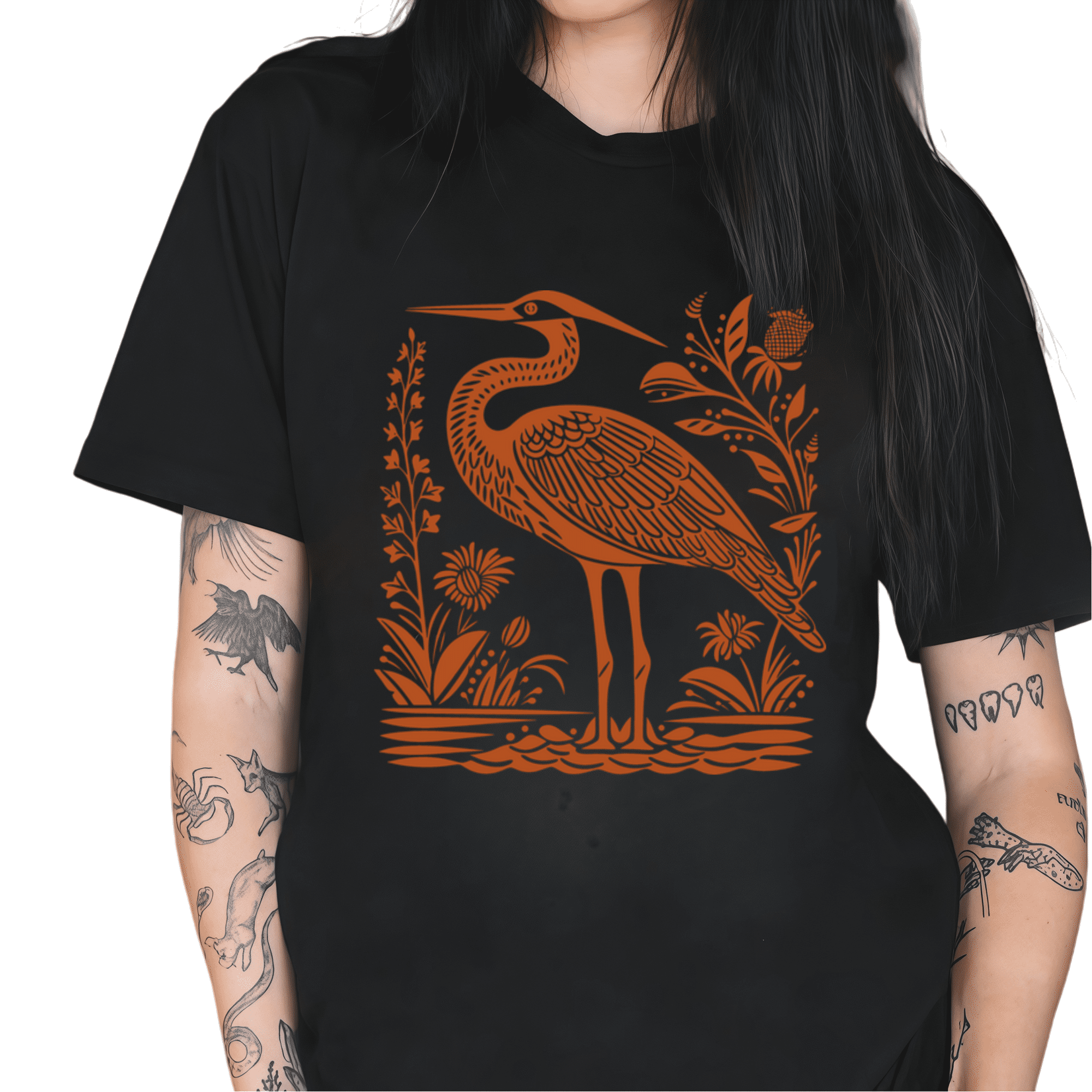Cozymy Women's Folk Art Heron Floral Water Scene Graphic Short Sleeve T ...