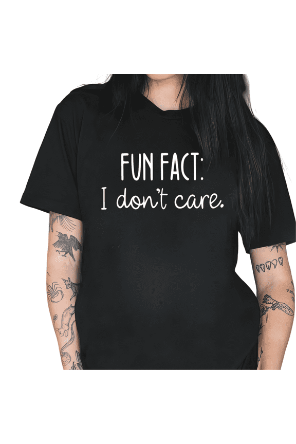 Women's "Fun Fact I Don't Care" Sarcastic Humor Quote Graphic Short Sleeve Crewneck Casual Loose Fit T-Shirt S-5XL