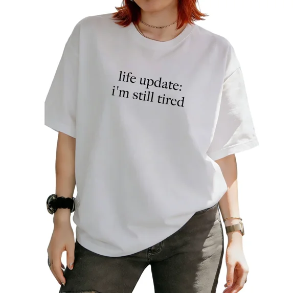Cozymy Women's Funny Daily Fatigue Quote Text Print Graphic Short Sleeve T-Shirt Relaxed Trendy Everyday Basic Tops