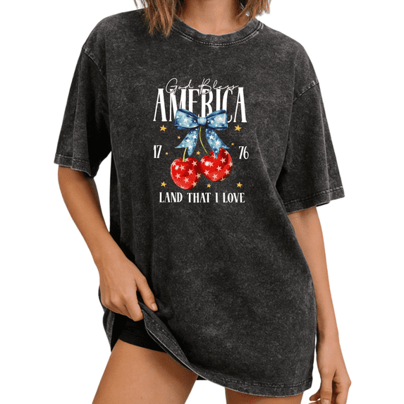 Cozymy Women's God Bless America Vintage Washed T-Shirt Print Tshirt Graphic Tees Shirts Short Sleeve Crewneck Distressed Relaxed Fit Cute Cherry Patriotic Gift Tops