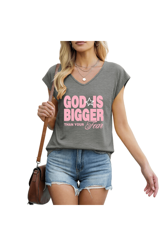 Women's "God Is Bigger Than Your Fear" Star Graphic V-Neck Sleeveless Tank Top Casual Christian Inspirational Tees