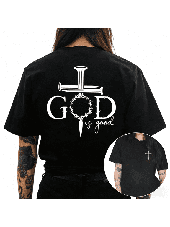 Women's God Is Good Nail Cross Graphic Short Sleeve T-Shirt Christian Faith Casual Crewneck Tee