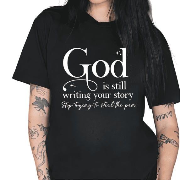 Cozymy Women's "God Is Still Writing Your Story" Christian Faith Quote Graphic Short Sleeve Crewneck Casual T-Shirt S-5XL