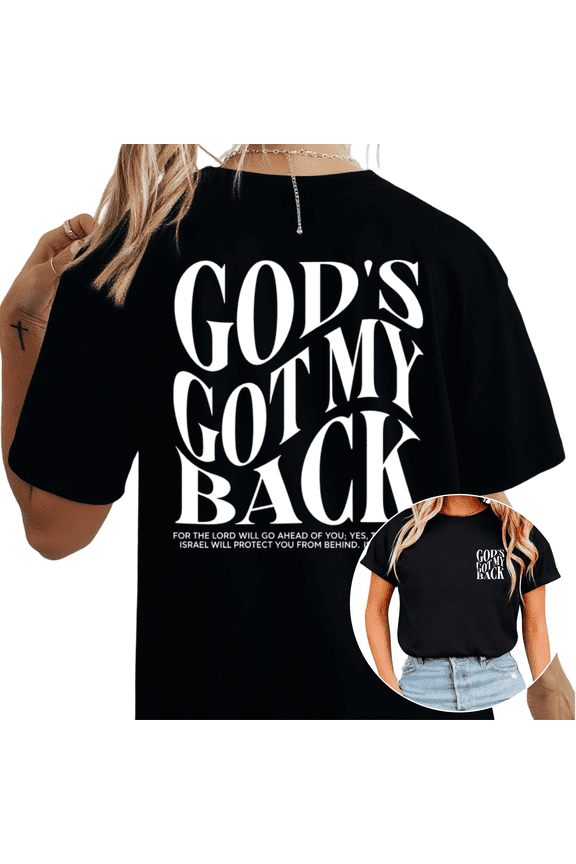 Women's "God's Got My Back" White Text Graphic Short Sleeve T-Shirt Casual Crew Neck Christian Faith Tops