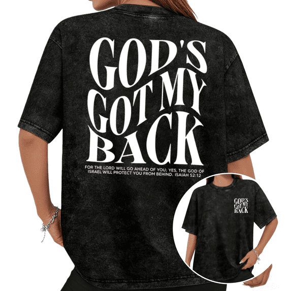 Cozymy Women's "God's Got My Back" White Text Graphic Short Sleeve T-Shirt Washed Crew Neck Christian Faith Tops