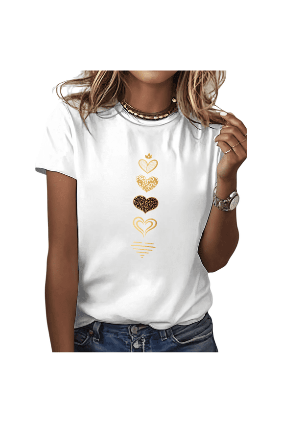 Women's Gold Foil Heart Stack with Leopard Print Accent Graphic Short Sleeve Crew Neck T-Shirt