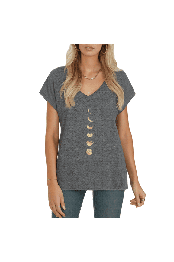 Women's Golden Moon Phase Cycle Graphic V-Neck Dolman Short Sleeve Casual Boho Celestial Loose Fit Witchy T-Shirt