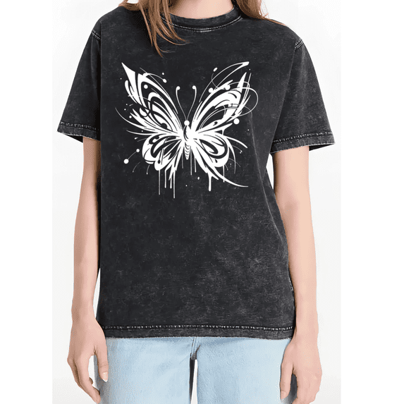 Cozymy Women's Graffiti Butterfly Vintage Washed Short Sleeve T-Shirt Streetwear Graphic Crewneck Casual Cotton Top