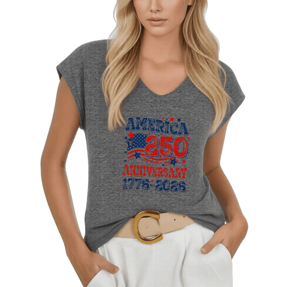 Cozymy Women's Gray America 250 Retro Flag V-Neck Sleeveless Tank Top Patriotic Cotton Tee