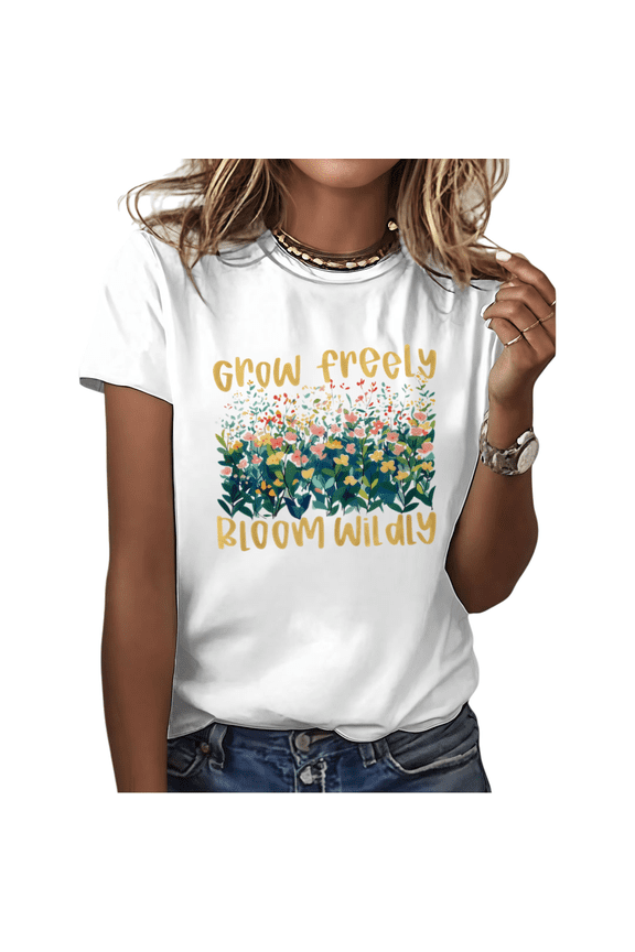 Women's "Grow Freely Bloom Wildly" Watercolor Floral Graphic Short Sleeve Crew Neck T-Shirt Casual Cotton Top