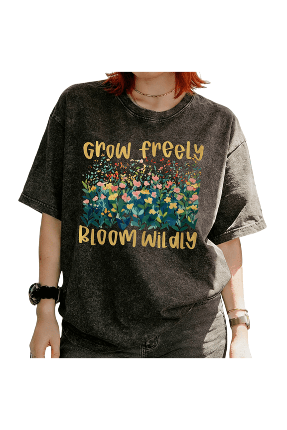 Women's Grow Freely Boho Floral Art Inspirational Graphic Washed Short Sleeve T-Shirt Comfortable Relaxed Tees Tops