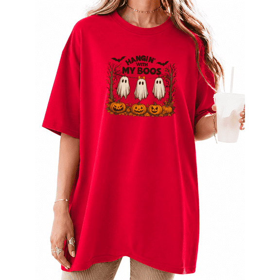 Cozymy Women's HANGIN' WITH MY BOOS Halloween Ghost Pumpkin Graphic Tee Playful Short Sleeve Everyday Top Red,L