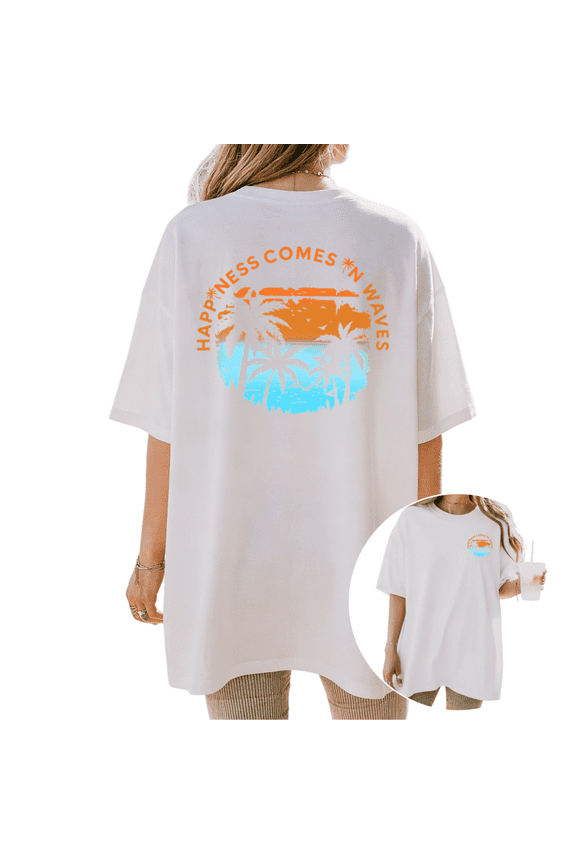 Women's Happiness Comes In Waves Beach Palm Sunset Graphic Short Sleeve T-Shirt, Loose Fit Casual Cotton Crewneck Tee