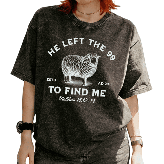 Cozymy Women's "He Left The 99 To Find Me" Religious Sheep Graphic Washed Short Sleeve T-Shirt Crew Neck Matthew 18:12 Tees