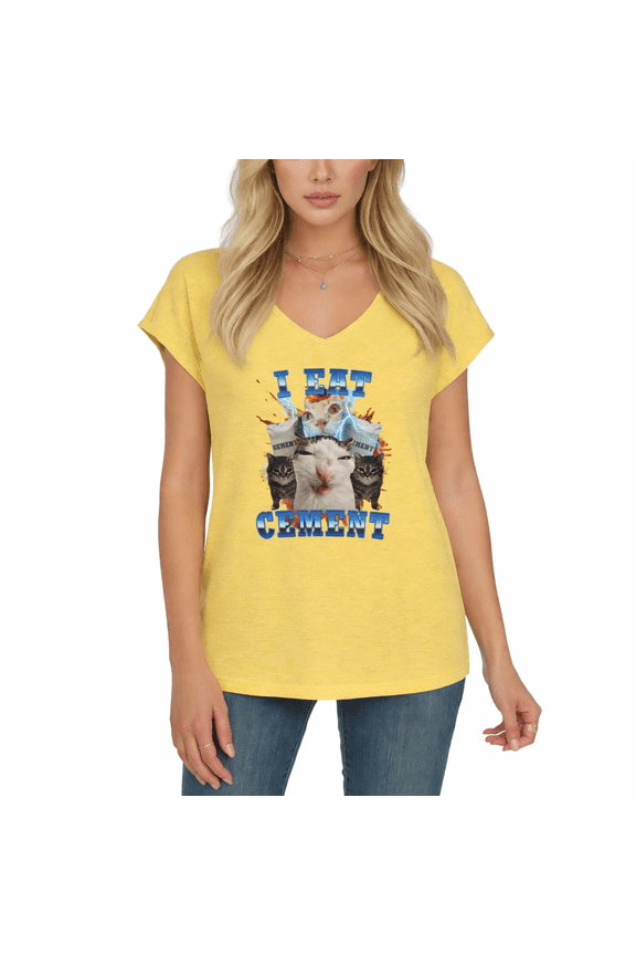 Women's I Eat Cement Funny Cat Meme Graphic V-Neck Dolman Short Sleeve Absurd Humor Cat Lover Novelty Loose T-Shirt