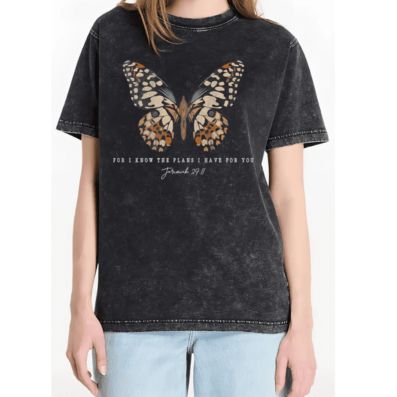 Cozymy Women's "I Know The Plans I Have For You" Butterfly Christian Scripture Jeremiah 29:11 Graphic Short Sleeve T-Shirt S-2XL