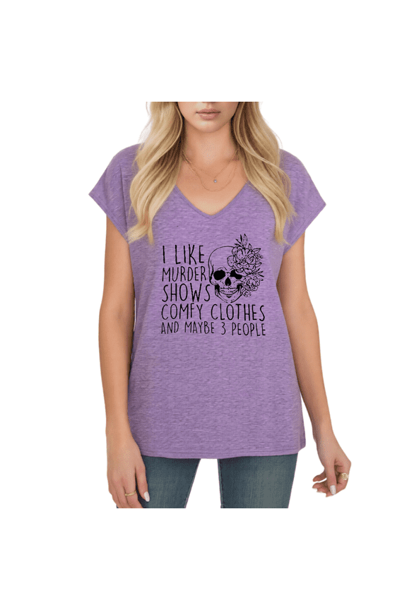 Women's I Like Murder Shows Comfy Clothes Black Skull Floral True V-Neck Casual Short Sleeve Loose T-Shirt Top