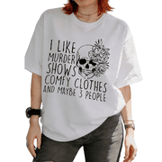 Cozymy Womens I Like Murder Shows Comfy Clothes Skull Floral Funny Graphic Short Sleeve T-Shirt