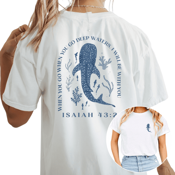 Cozymy Women's Isaiah 43:2 Whale Shark Christian Religious Front Back Print Graphic Short Sleeve Cotton Tees Tops