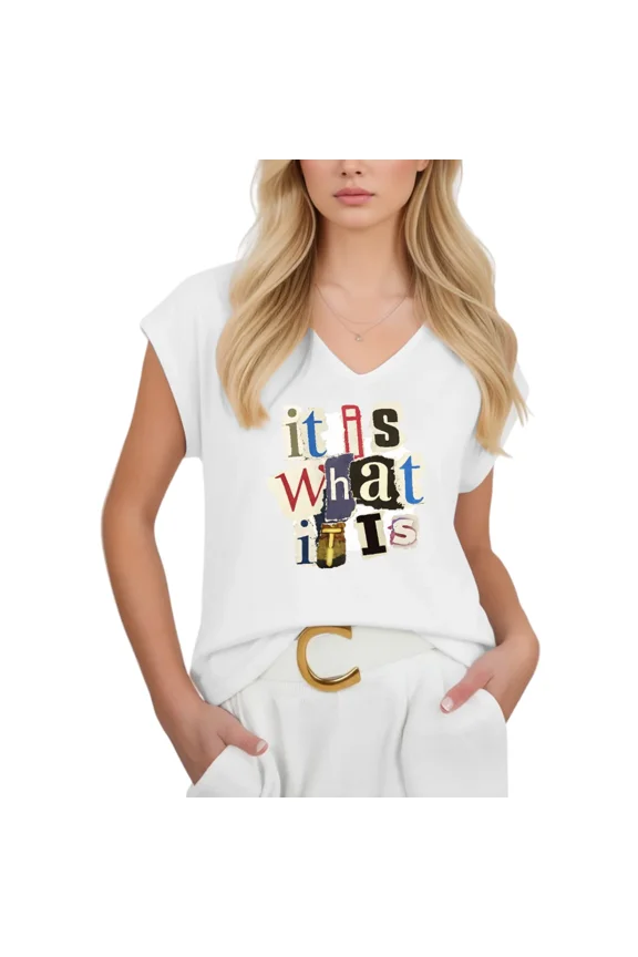 Women's It Is What It Is Ransom Note Style V-Neck Sleeveless T-Shirt Casual Slogan Tank Top
