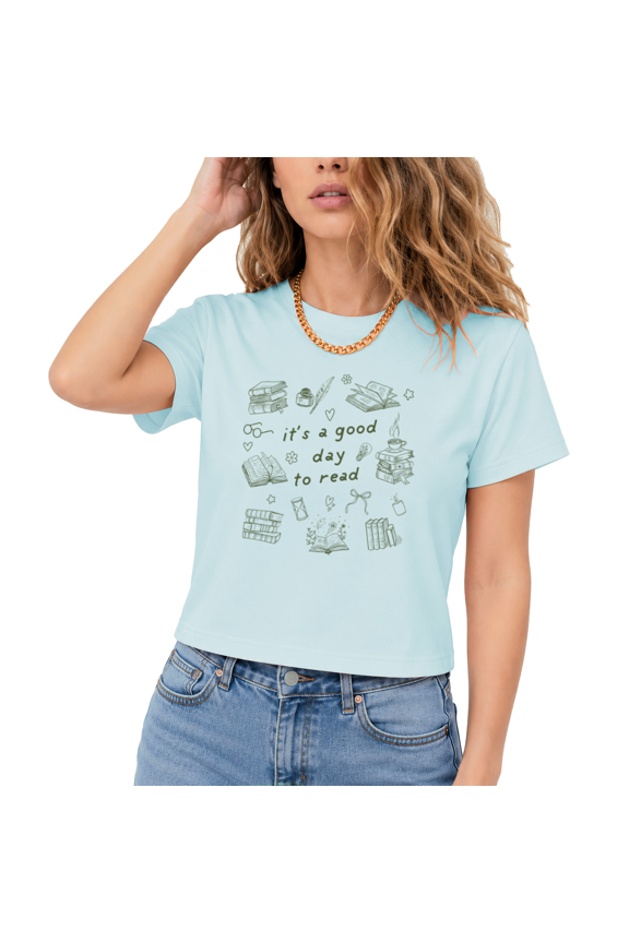 Women's It's A Good Day To Read Bookish Green Doodle Art Graphic Cropped Short Sleeve T-Shirt Casual Relaxed Tops