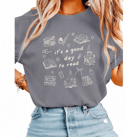 Cozymy Women's It's a Good Day to Read Reading Enthusiast Book and Coffee Doodle Graphic Short Sleeve T-Shirt Tops