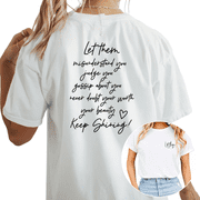 Cozymy Womens Keep Shining Positive Quote Double Sided Graphic Short Sleeve Crew Neck T-Shirt Tees Tops