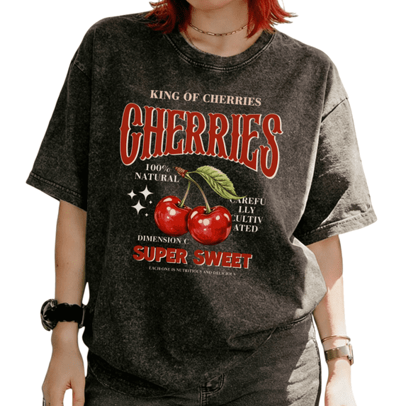 Cozymy Women's King Of Cherries Super Sweet Fruit Graphic Tops Washed Short Sleeve T-Shirt Timeless Versatile Tees