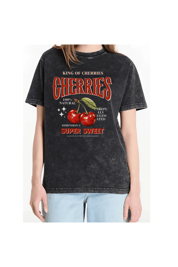 Women's King Of Cherries Super Sweet Vintage Washed Short Sleeve T-Shirt Retro Fruit Graphic Relaxed Cotton Tee