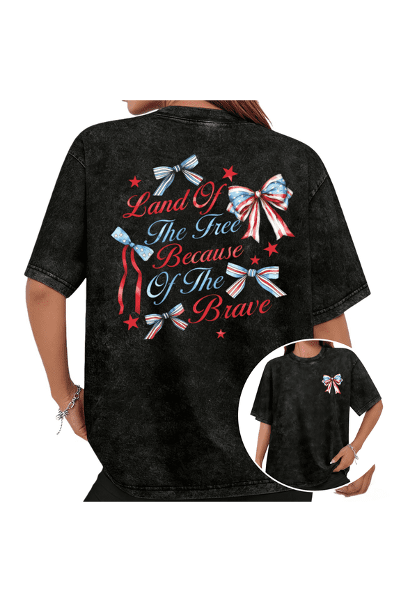 Women's Land Of The Free Because Of The Brave 4th Of July Patriotic Bow Graphic Washed Short Sleeve T-Shirt