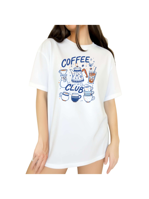 Women's Lazy Cafe Lady Vintage Multi Coffee Pot Mug Brew Sketch Morning Art Graphic Short Sleeve T-Shirts white Tops