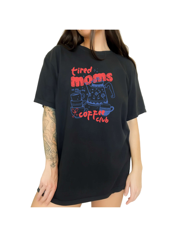 Women's Lazy Home Lady Tired Mom Coffee Pot Mug Vintage Hand Sketch Cafe Graphic Short Sleeve T-Shirts Black Tops
