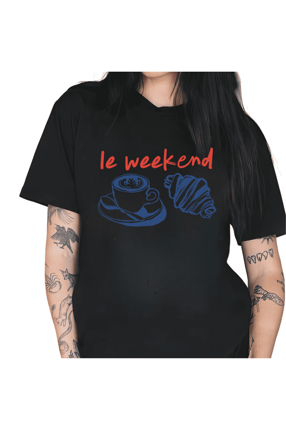 Women's Le Weekend Coffee Croissant Graphic Short Sleeve T-Shirt Soft Crewneck Casual Everyday Wear Top