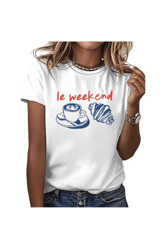 Women's Le Weekend Coffee Croissant Graphic Short Sleeve T-Shirt Soft Crewneck Casual Everyday Wear Top