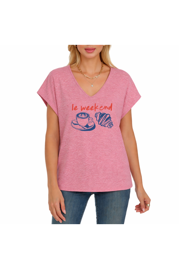 Women's Le Weekend Coffee Croissant Graphic V-Neck Short Sleeve T-Shirt Casual Summer Top