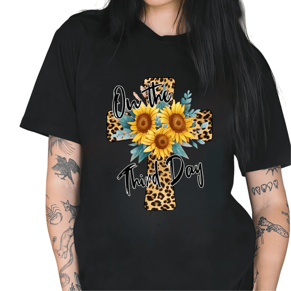 Cozymy Women's Leopard Cross Sunflower On The Third Day Religious Faith Graphic Crewneck Short Sleeve Inspirational T-Shirt