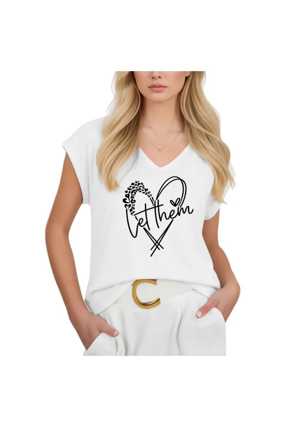 Women's Leopard Heart Let Them Script V-Neck Sleeveless T-Shirt Casual Everyday Tank Top