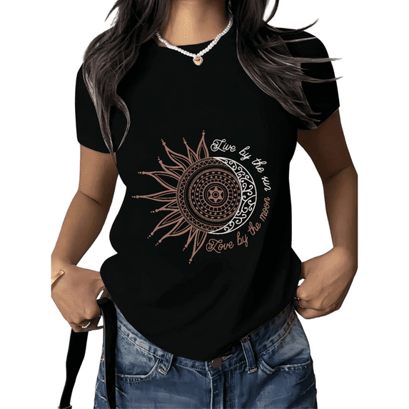 Cozymy Women's Live By The Sun Love By The Moon Mystical Graphic Short Sleeve T-Shirt Casual Crewneck Tee