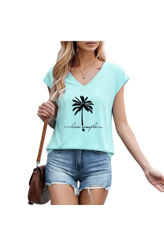 Women's Live Simple Palm Tree Graphic V-Neck Sleeveless T-Shirt Relaxed Fit Breathable Tees Tops