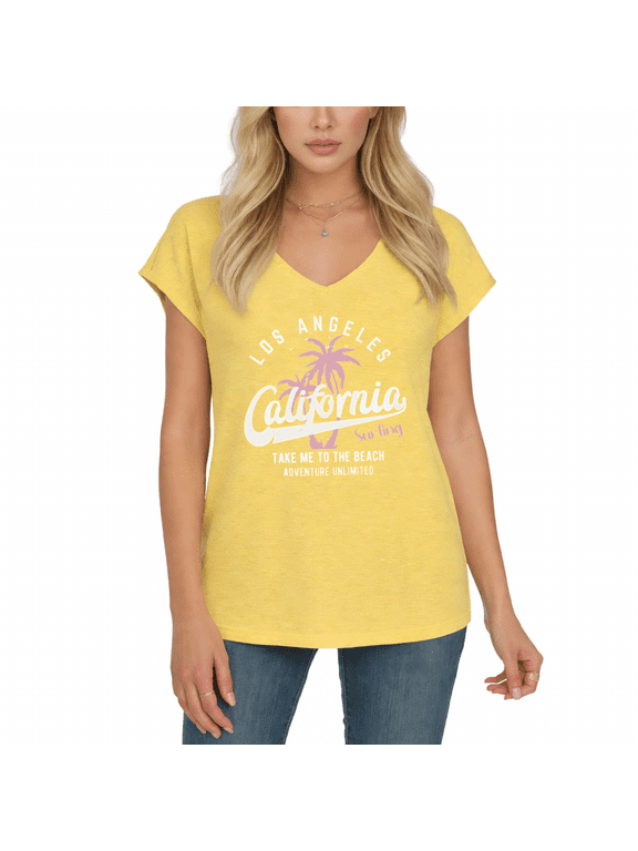 Women's Los Angeles California Palm Tree Surf Beach Graphic V-Neck Short Sleeve Casual Summer T-Shirt