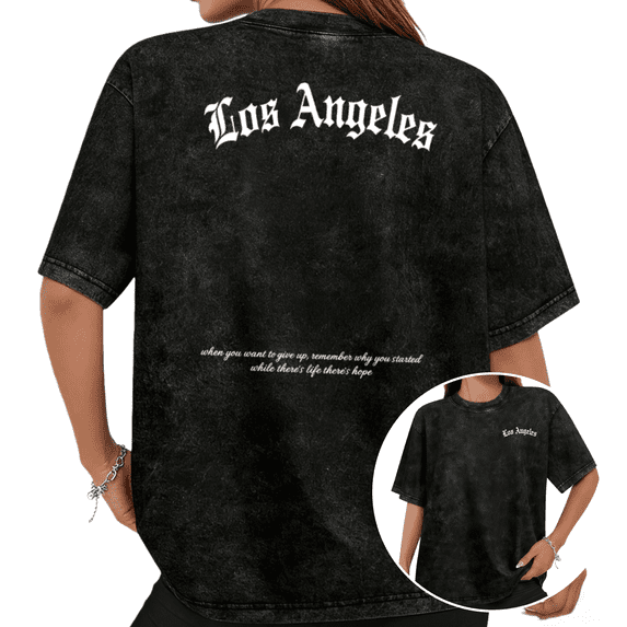 Cozymy Women's Los Angeles Gothic Letter Graphic Washed Short Sleeve T-Shirt Casual Crew Neck Inspirational Streetwear Tops