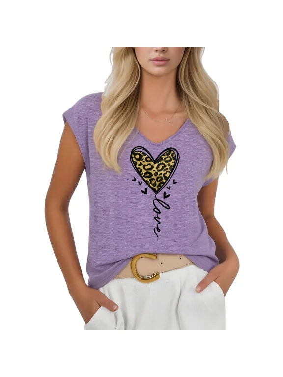 Women's Love Heart Leopard Print V-Neck Sleeveless T-Shirt Casual Cute Fashion Tank Top