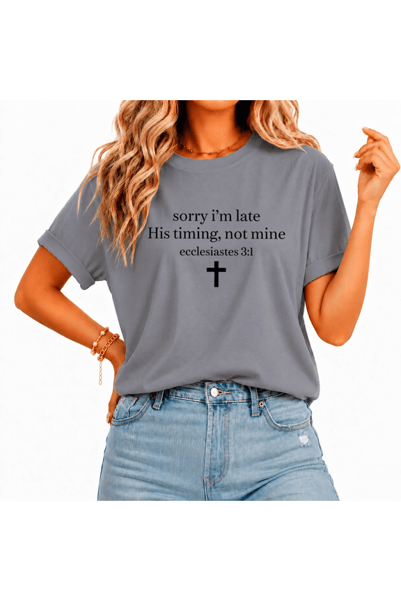 Women's Minimal Black Serif Text Simple Solid Cross Bible Timing Inspirational Saying Graphic Short Sleeve T-Shirt