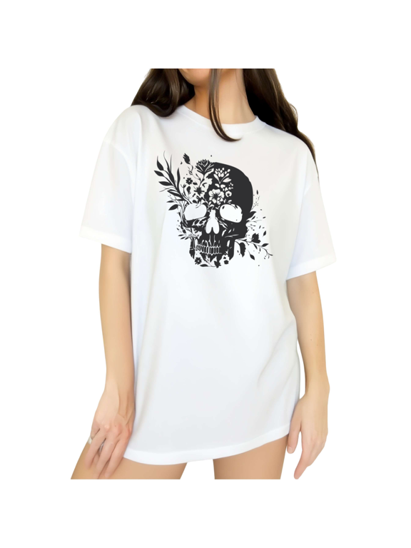 Women's Minimal Silhouette Botanical Foliage Floral Skull Goth Boho Graphic Short Sleeve T-Shirts white Tops