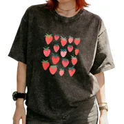 Cozymy Womens Minimalist Flat Red Strawberry Square Grid Fruit Graphic Washed Short Sleeve T Shirt Cute Trendy Tees