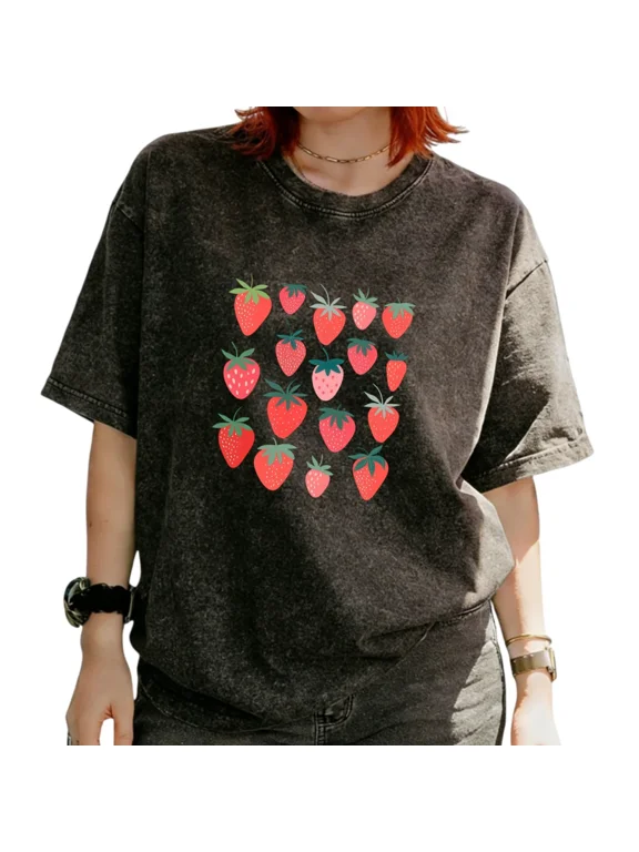 Women's Minimalist Flat Red Strawberry Square Grid Fruit Graphic Washed Short Sleeve TâShirt Cute Trendy Tees