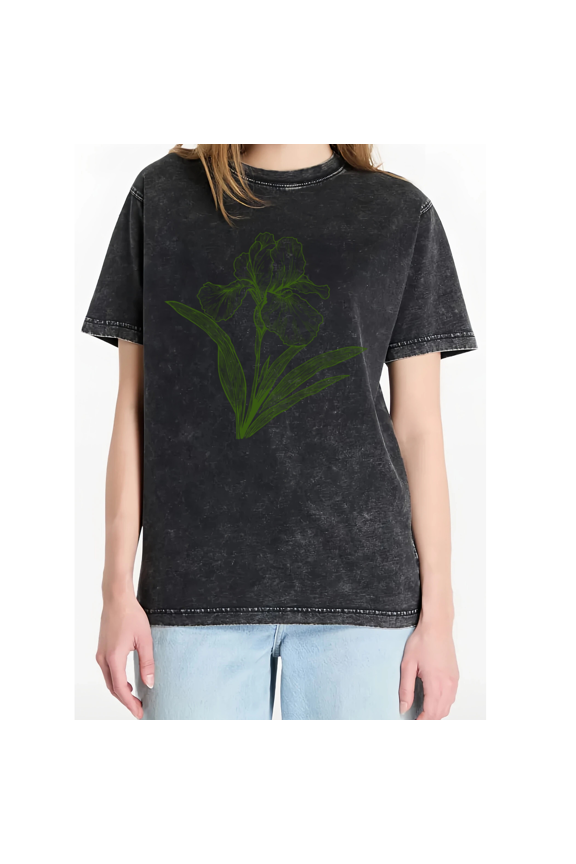 Women's Minimalist Green Line Art Iris Floral Vintage Washed Short Sleeve T-Shirt Relaxed Casual Top