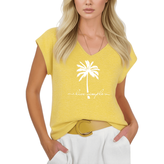 Cozymy Women's Minimalist Live Simple Quote V-Neck Sleeveless Tee Lightweight Tropical Casual T-Shirt